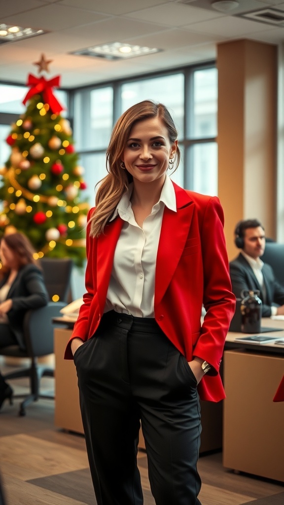 A professional woman in a red blazer and white blouse in a festive office decorated for Christmas.